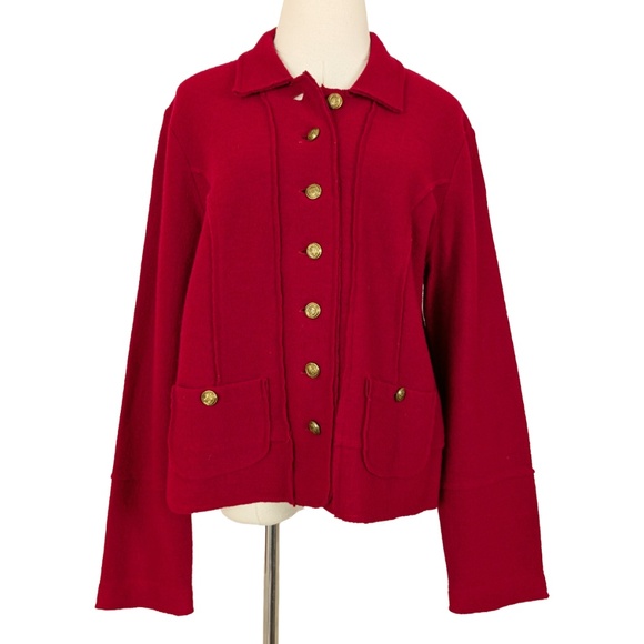 90s Boiled Wool Cardigan Jacket Cherry Red Long Sleeve Collar Button Up - Picture 1 of 11